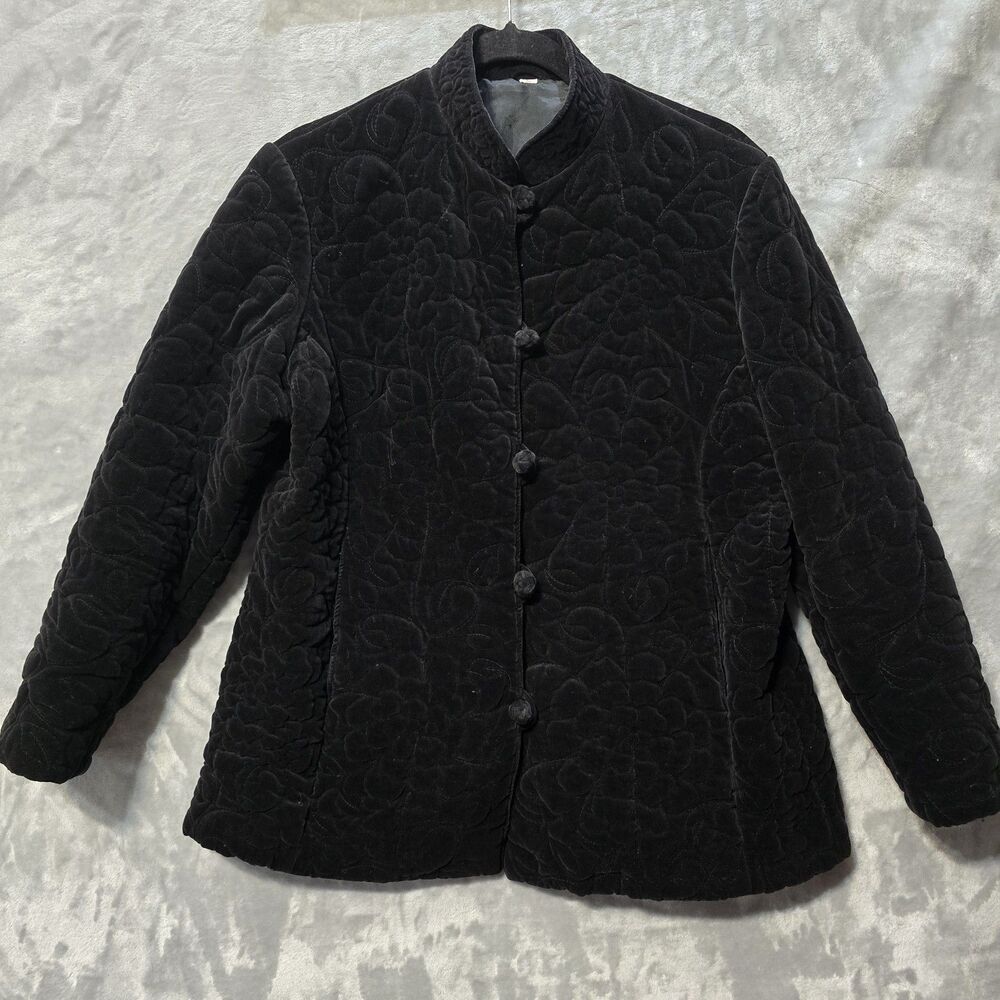 Womens Black Velour Button Jacket Large Classic Soft Floral Design
